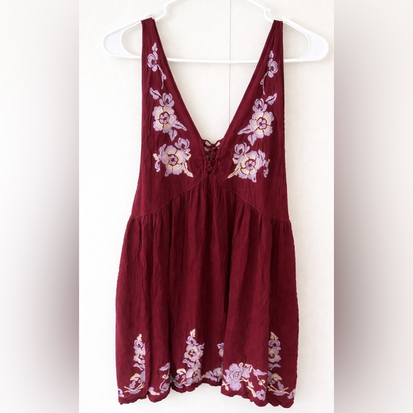 Free People Tops - Free People Embroidered Aida Slip Burgundy Boho Hippie Chic Tank Dress Sz L